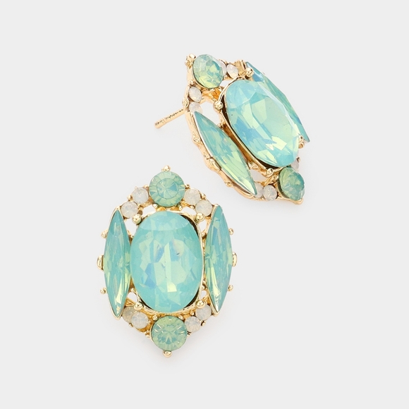 Opal Mint Stud Emerald Cut Fashion Jewelry Crystal Earrings Evening Statement - Picture 1 of 2